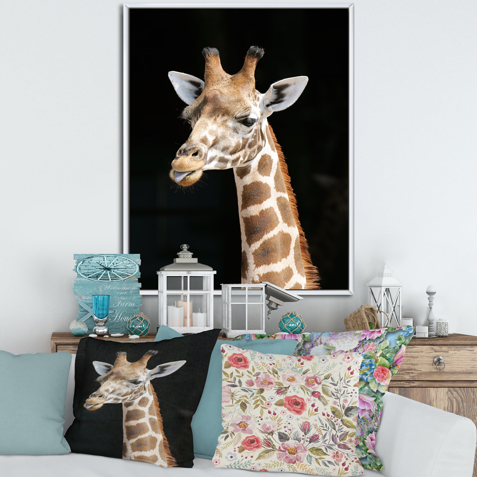 Close Up Portrait Of A Giraffe On Black III 30 in x 40 in Framed Photography Canvas Art Print, by Designart