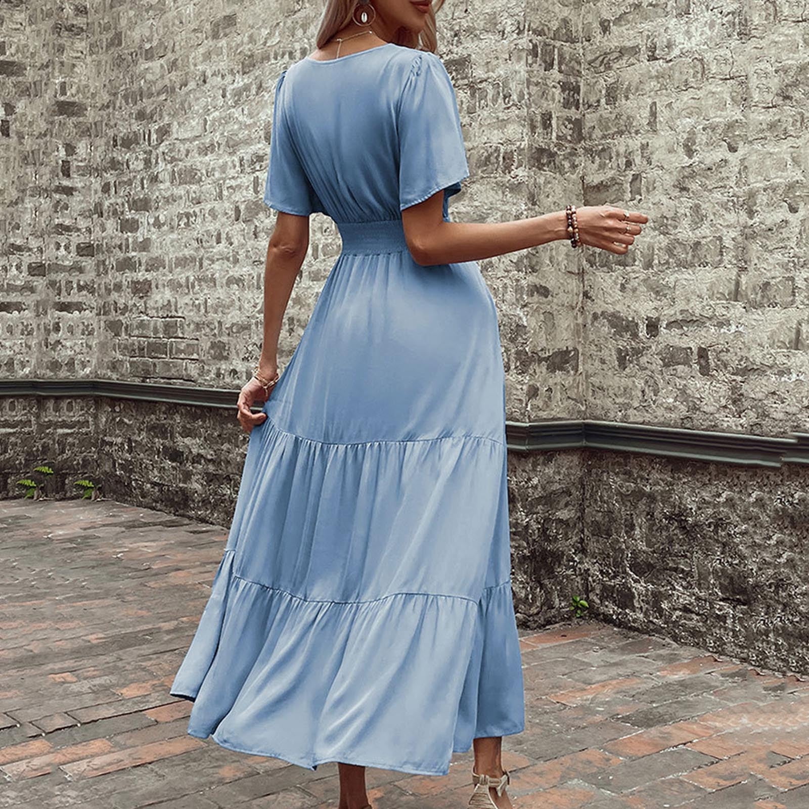chinese dress ladies PRETTYGARDEN Womens Casual V Neck Boho Maxi Dress Flowy Aline Bell Sle main image 1