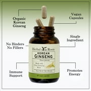 Herbal Roots Organic Korean Panax Ginseng, Herbs for Energy, Endurance, and Immune Support 60 Vegan and Organic Capsules