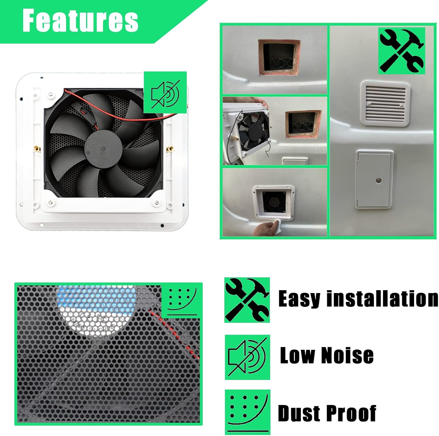 RV Side Vent Fan, 2.4W 12V One-Way Silent Wind Air Ventilation Exhaust Fan for Caravan, Motorhome, Camper, White