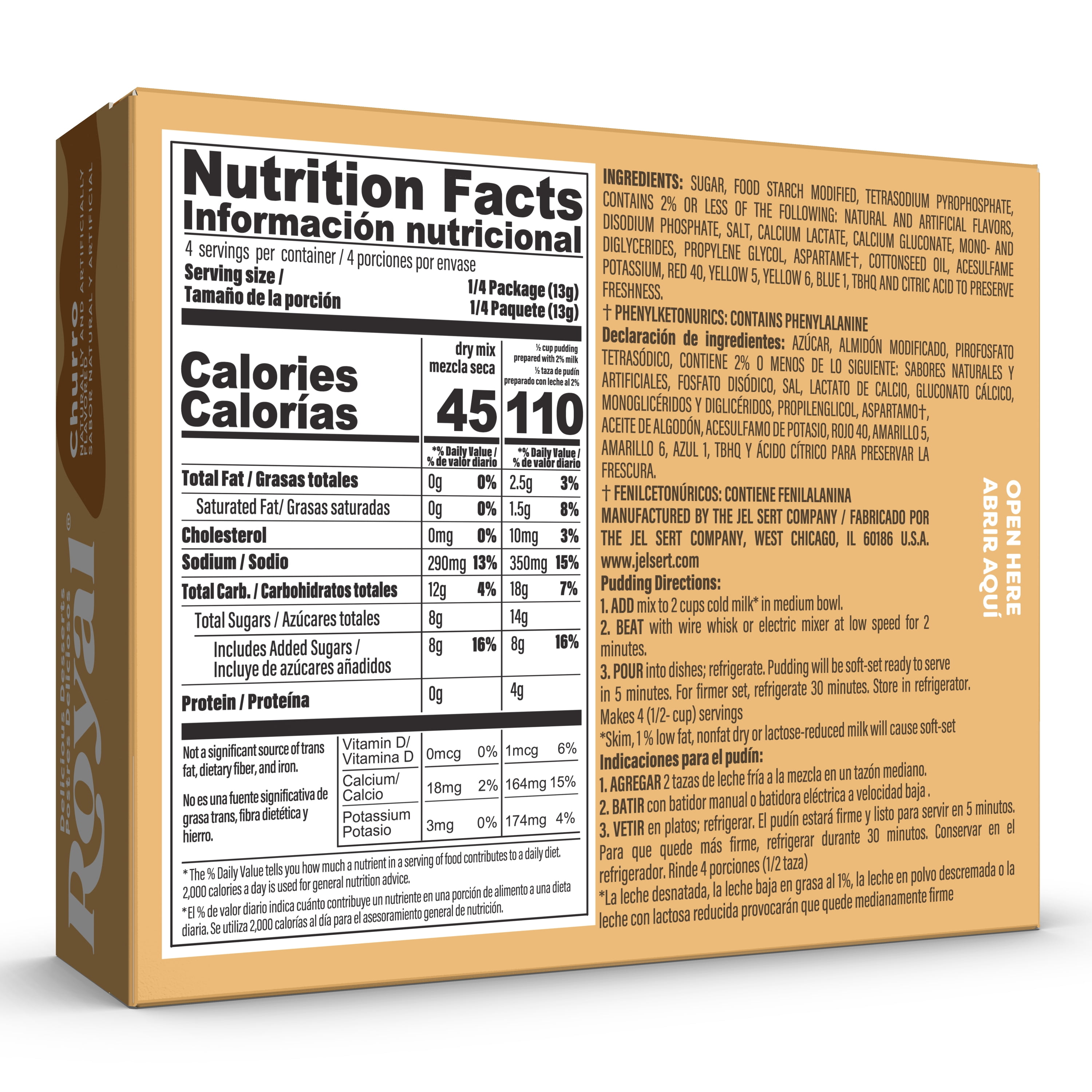 (12 pack) Royal Churro Instant Pudding Mix and Pie Filling, Fat-Free, 4 Servings, 1.87 oz Box
