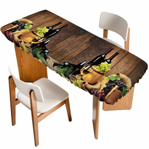 Red Wines Table Cloths for 8 Foot Rectangle Tables, Champagne Grapes Galsses Country Wooden Plank Patio Waterproof Elastic Fitted Tablecloths, Washable Rectangular Table Cover for Camping