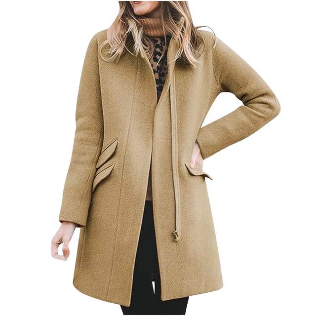 WRKEKC Wool Blend Trench Coat Double Breasted Notch Lapel Maxi Length Solid Color Coat with Secure Pockets for Office Commute and Weekend Outings Khaki XL