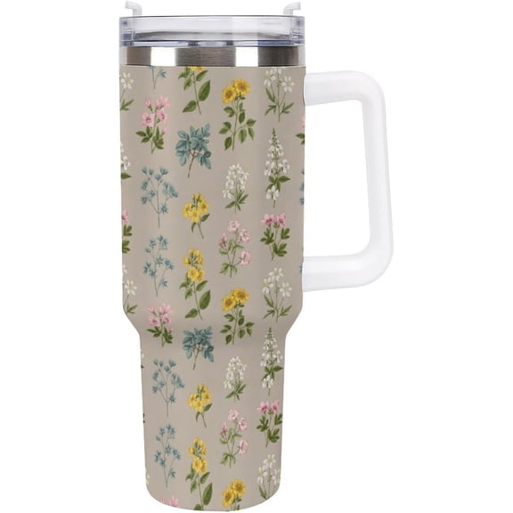 Vintage Plants Tumbler Flower Art Travel Mug | 40 OZ Tumbler with Handle and Straw Travel Mug Double Wall Vacuum Insulated Coffee Cup Birthday Gifts for Women
