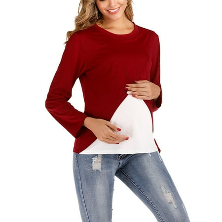 

UMfun Cotton Round Neck Long Sleeve Solid Color Maternity Breastfeeding Clothe Top