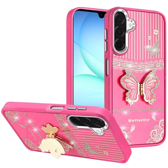 For Samsung A17 5G Splendid Glitter Butterfly Design Stand with Metallic Edges Hybrid Case - Hot Pink