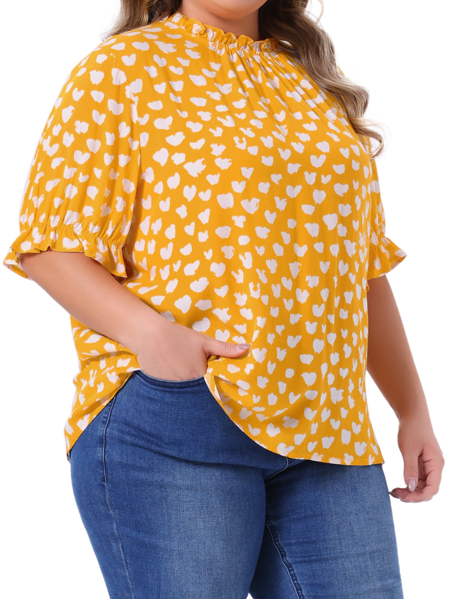 DARING DIVA Women's Plus Polka Dots Print Ruffle Hem Mock Neck Blouse 2X Yellow