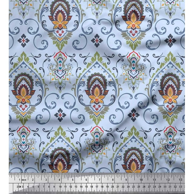 Soimoi Silk Fabric Floral & Ogee Damask Print Sewing Fabric Yard 42 Inch Wide