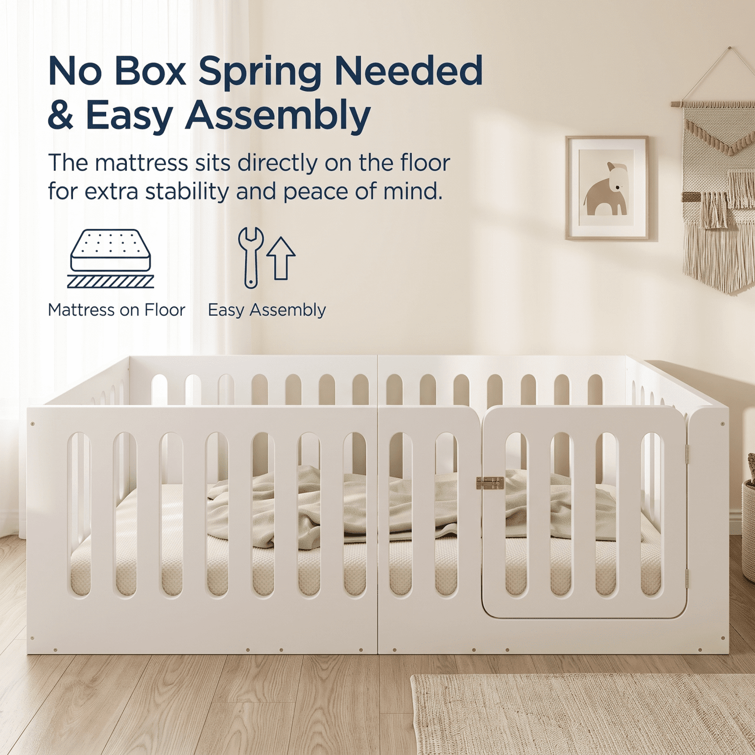 Miniyam Twin Floor Bed for Kids with Door and Guardrails, Low-Profile Wood Bed Frame, White