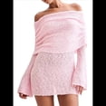 thumbnail image 3 of Vestido Elegante Tipo Suéter de con Hombros Descubiertos para Mujer, Ajustado, de Larga y Crochet Rosa L, 3 of 10