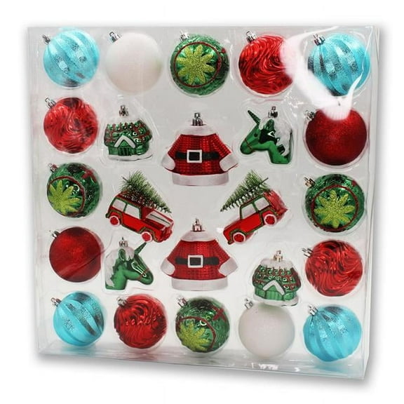 Queens of Christmas ORNPK-AST-RBGW-24 Christmas Ornaments, Red, Blue & White - Pack of 24