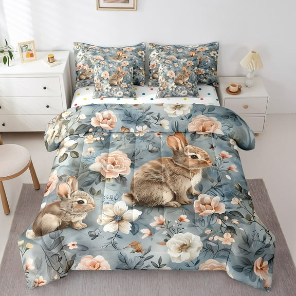 Erosebridal 3D Rabbit Bedding Sets Twin Size, Vintage Flower Floral Comforter Sets with Sheets, Blue, Reversible 7-Piece