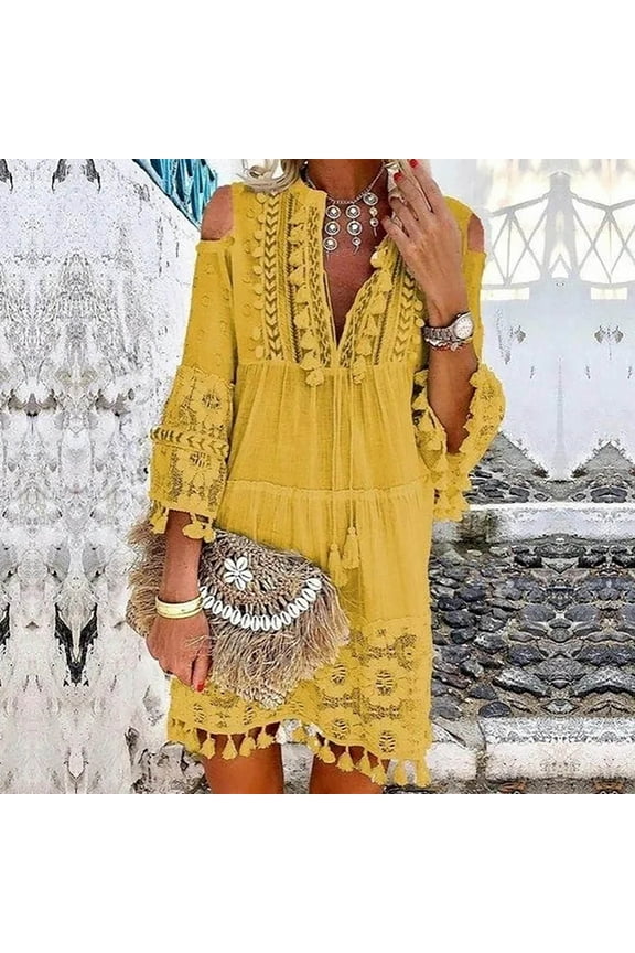 Dresses for women 2024 Fashion Three-quarter Sleeve Boho Dress Lace Tassel V-neck Mini Dress Yellow 4XL