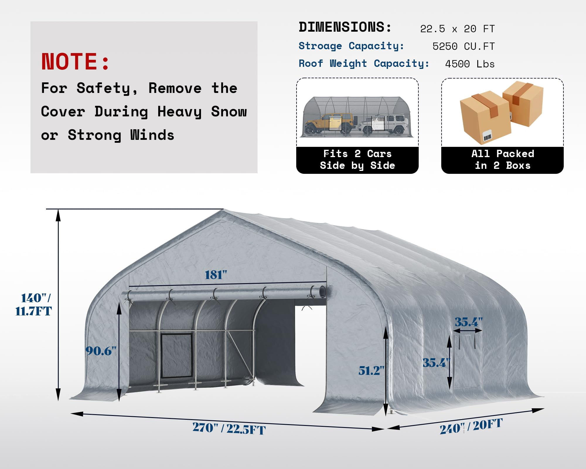 Amerlife 22.5'×20' Heavy Duty Double Carport, Galvanized Steel Frame Garage Shelter, Outdoor Storage, Waterproof 3-Layer PE Cover, Silver Gray