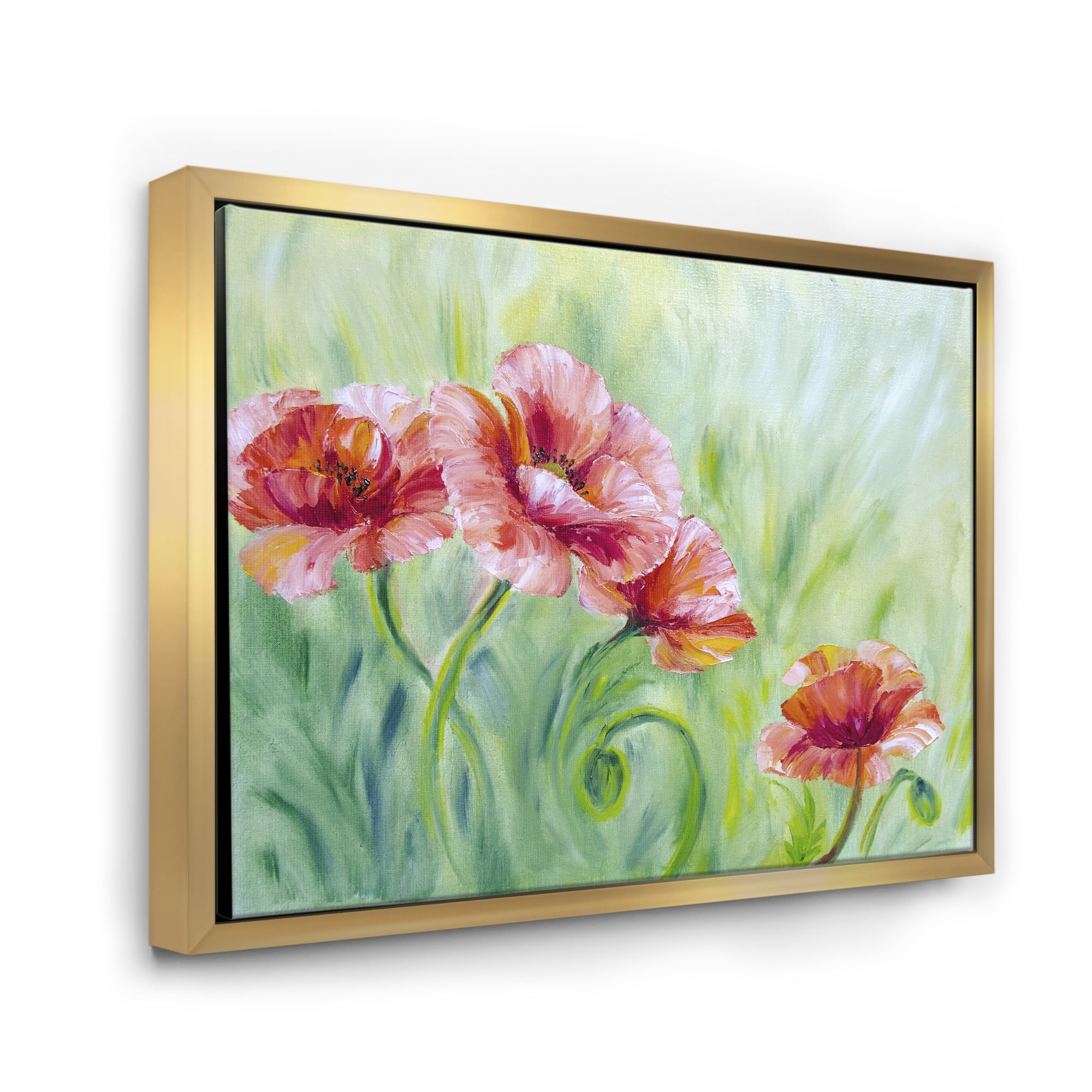 Red Blossoming Poppies Over Wild Green II 20 in x 12 in Framed Painting Canvas Art Print, by Designart