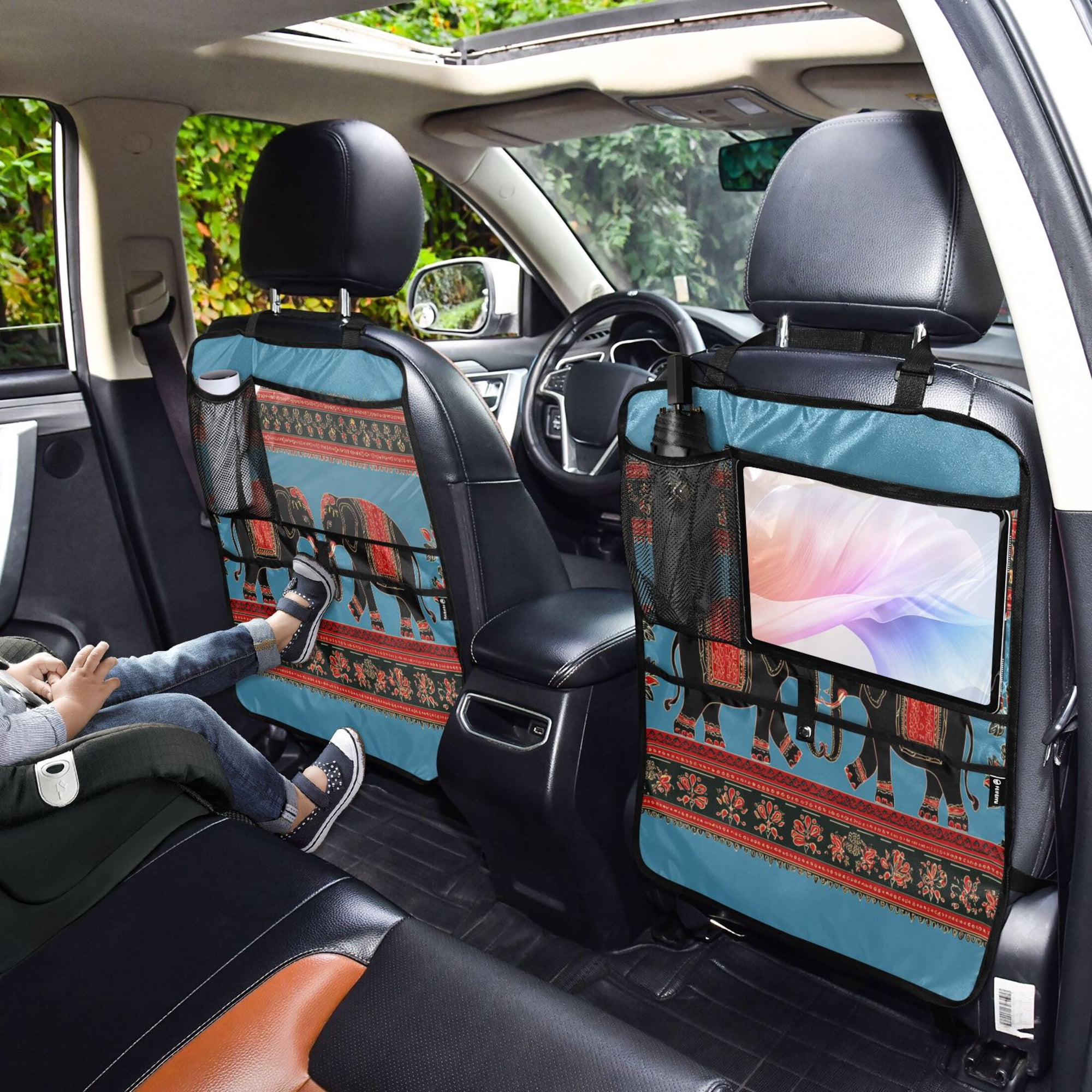 Iauyy 2-in-1 Car Kick Mats Back Seat Protector, 6 Large Storage Pockets , Universal Car Seat Back Protectors Kick for SUV & Sedan 25x18in,Two Elephants