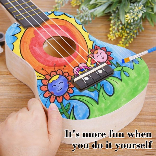Kit de ukelele DIY para niños | Pinta tu propia mini guitarra de madera | Instrumento musical de 4 cuerdas para principiantes con cuerdas de nailon | Regalo creativo para aprender música y ma