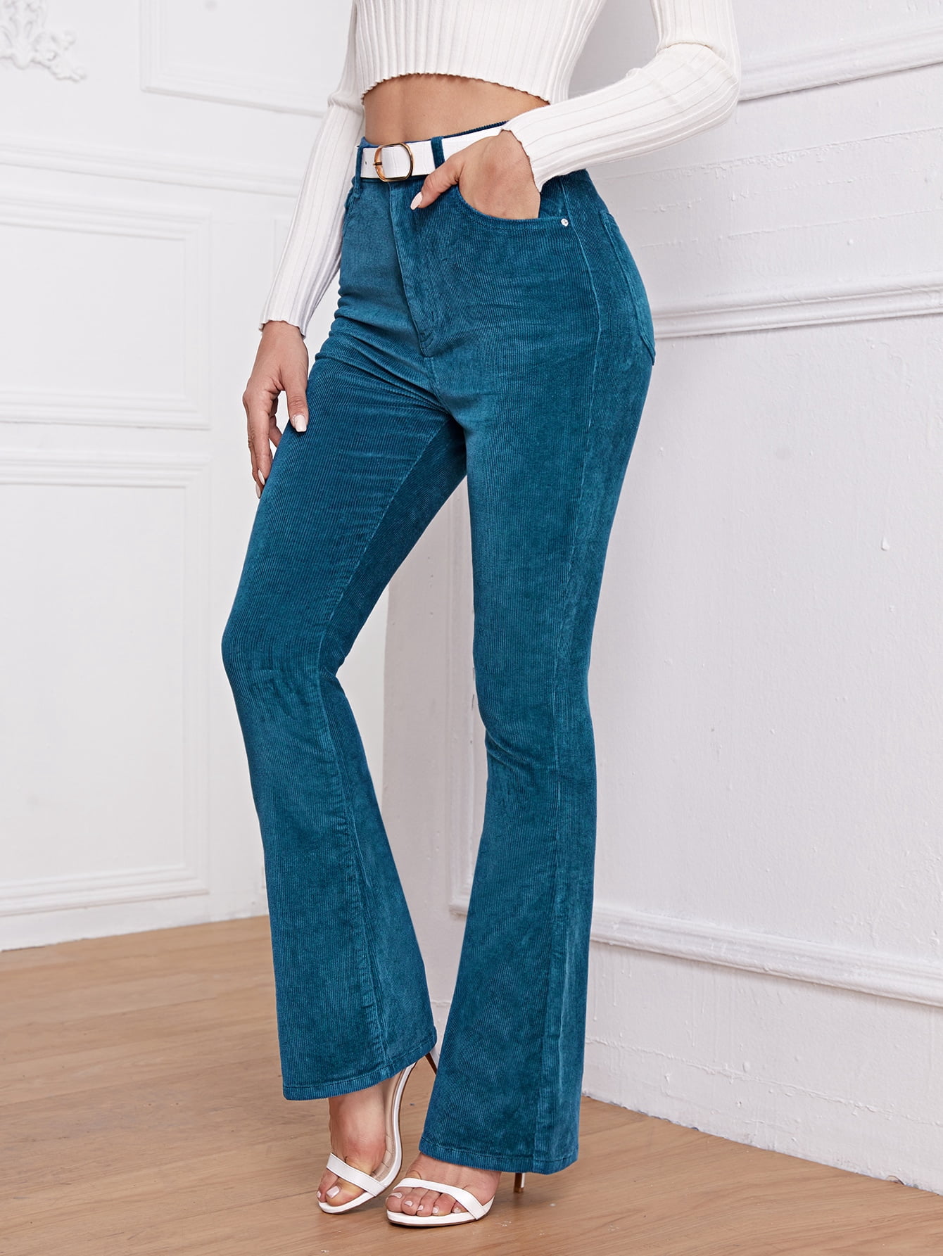 Women's High Waist Cord Flare Leg Pants 