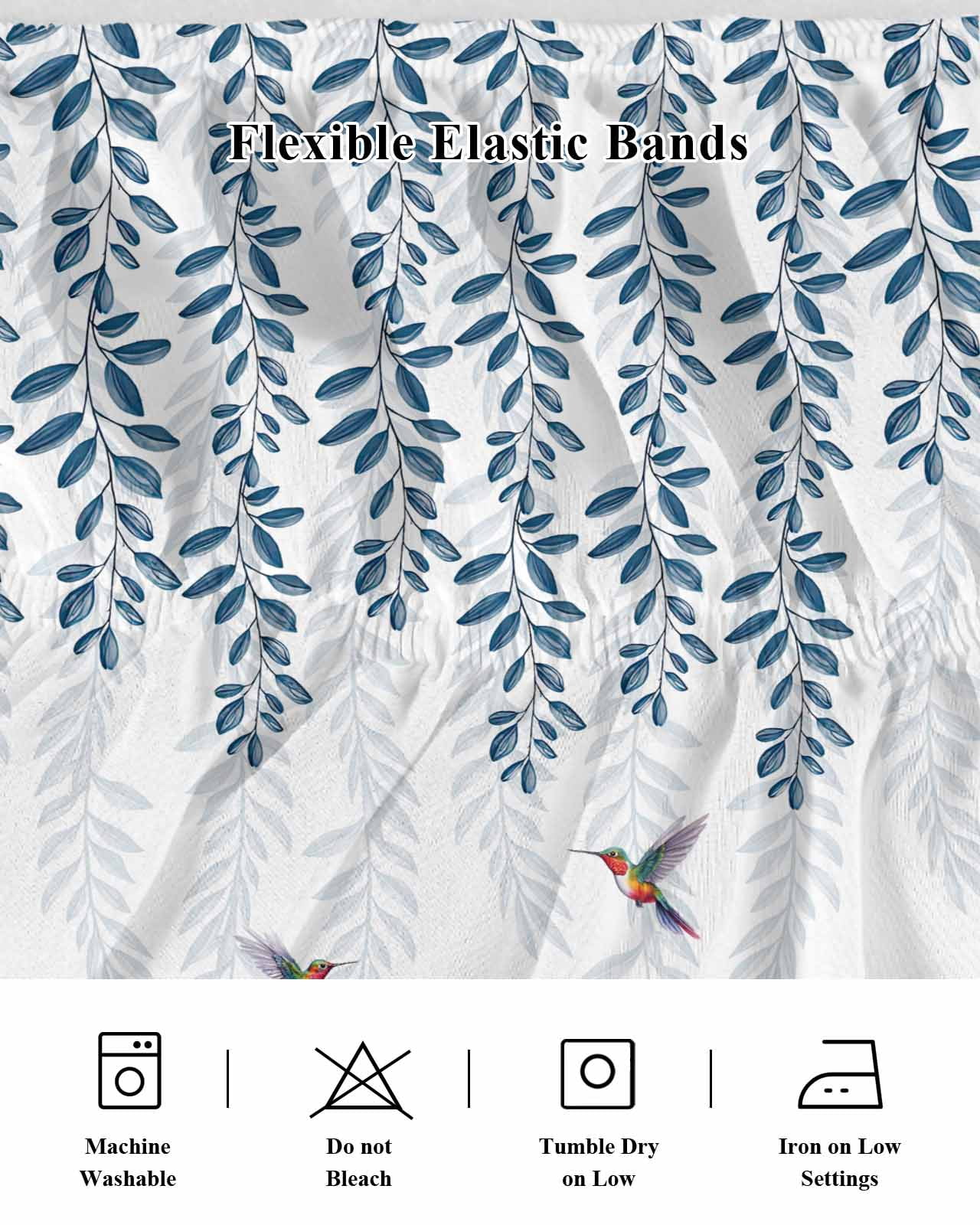 Blue Botanical Bed Skirt King Size, Pastoral Spring Floral Summer Birds Wrap Around Bed Skirting with Adjustable Elastic Strap, Dust Ruffled Pleated Bedskirts 18 Inch Drop for Bedroom King Beds