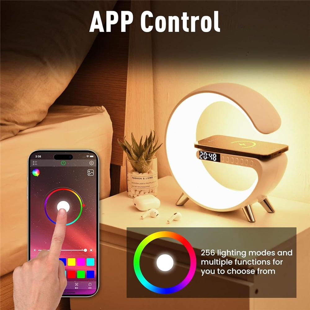 Smart LED Desk Lamp, 4-in-1 Wireless Charger, Night Light, Alarm Clock and Bluetooth Speaker with App Control for Bedroom, Office and Home Decoration,Black