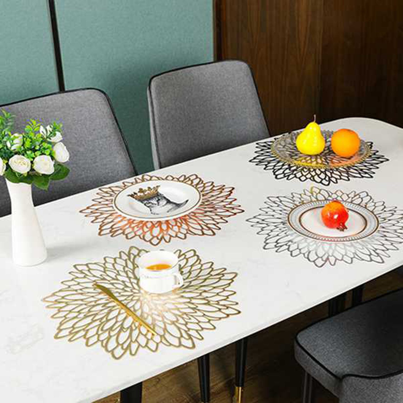 Set Of 8pcs Silver PVC Placemats and Coasters Dining Table Place Mats Washable 