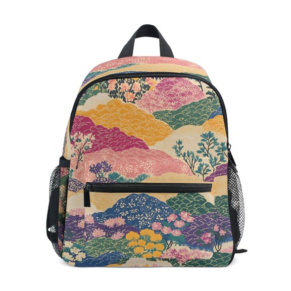 FORMRS Kids School Backpack with Front Zippered Pocket 12" Student Travel Daypack, Green Floral Wave