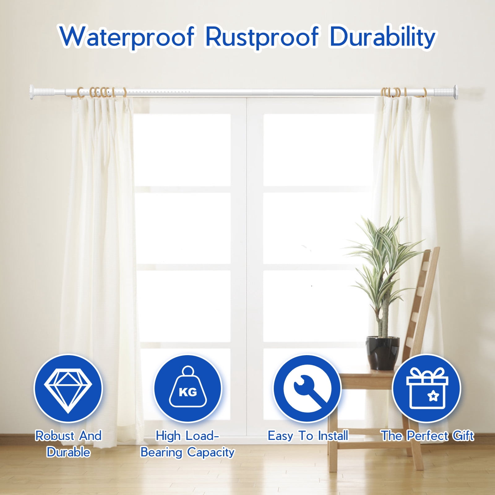 GIRACOA 2-in-1 Adjustable Curtain Rod, No Drill Tension & Screw Mount, Octagon Anti-Slip Base, Holds 40 lbs, Rust-Resistant for Bathroom Bedroom Living Room Patio (51-109 Inch, White)