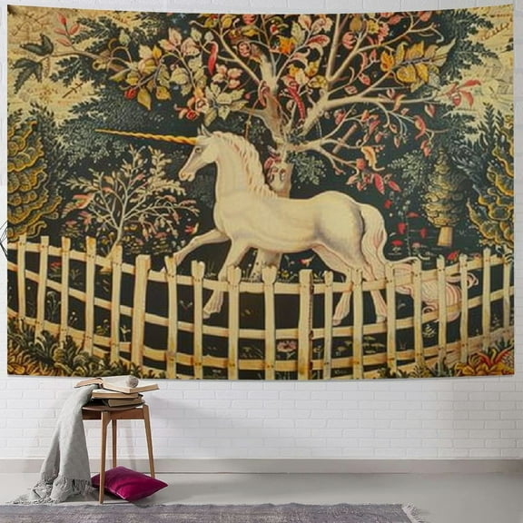 Creowell Tapestry Artwork Wall Hanging Medieval Vintage Hunting Unicorn Captivity Him Her Home Decor Tapestries Mattress Tablecloth Curtain Print Painting