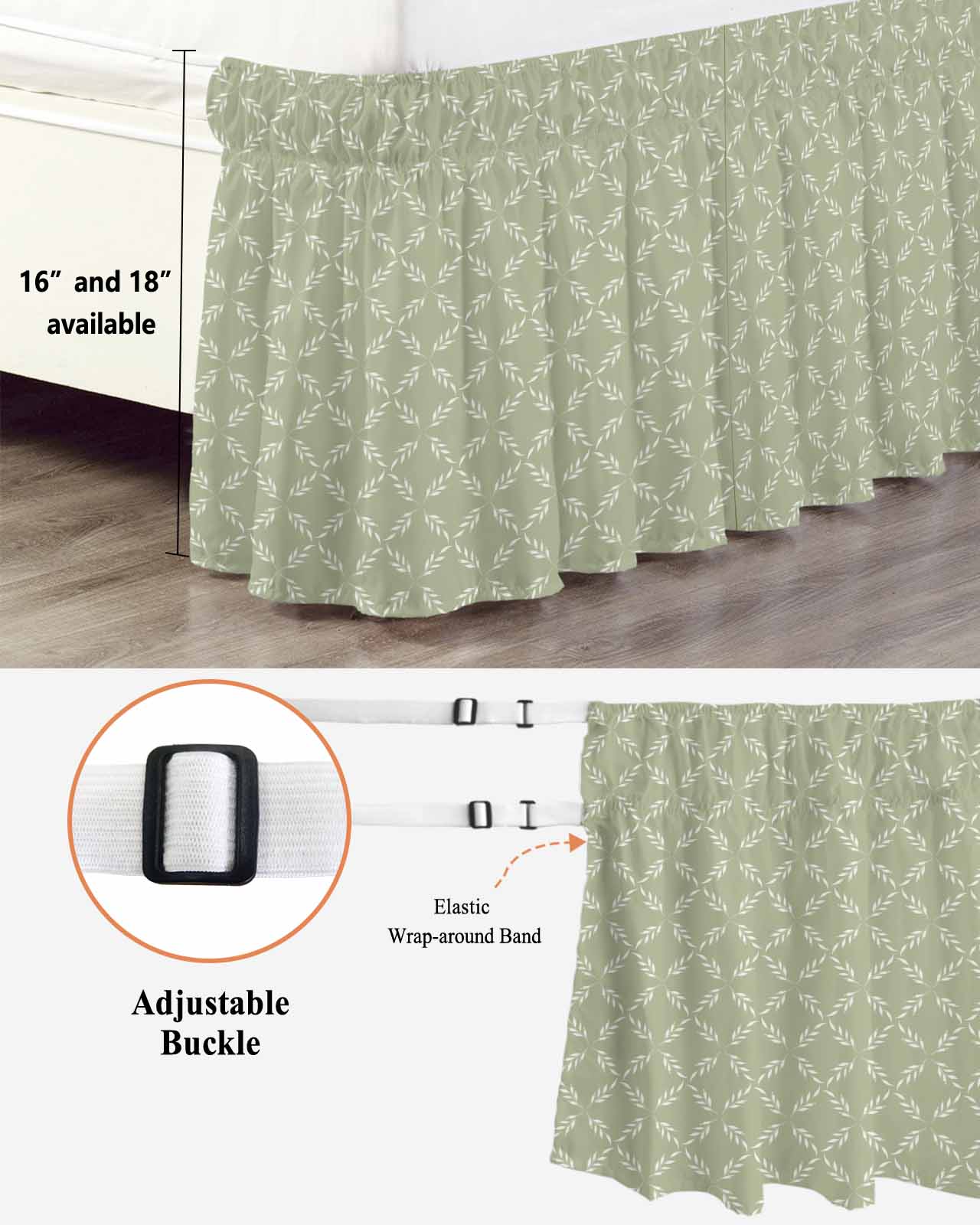 White Diamond Lattice Bed Skirt Green Retro Plaid Texture Bed Skirts Queen Size 16 Inch Drop, Wrap Around Dust Ruffle&nbsp;Bedskirt with Adjustable Elastic Belt for Queen Size Beds