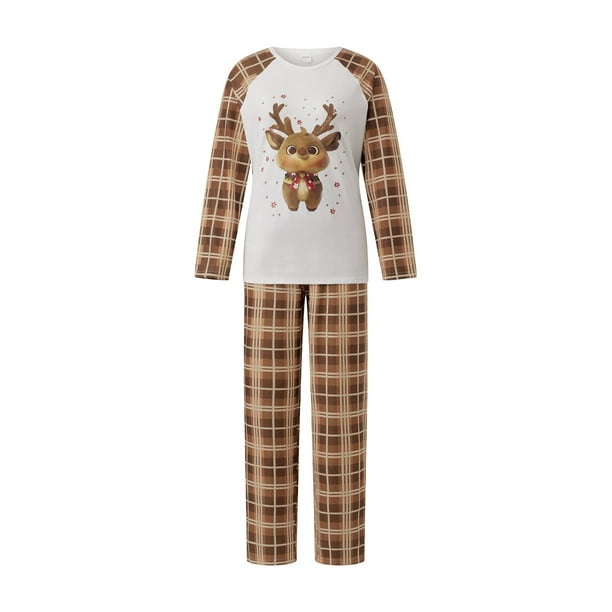 Conjunto de pijamas navideños familiares a juego con estampado de cuadros y renos. Pijamas de vacaciones para papá, mamá y niños.