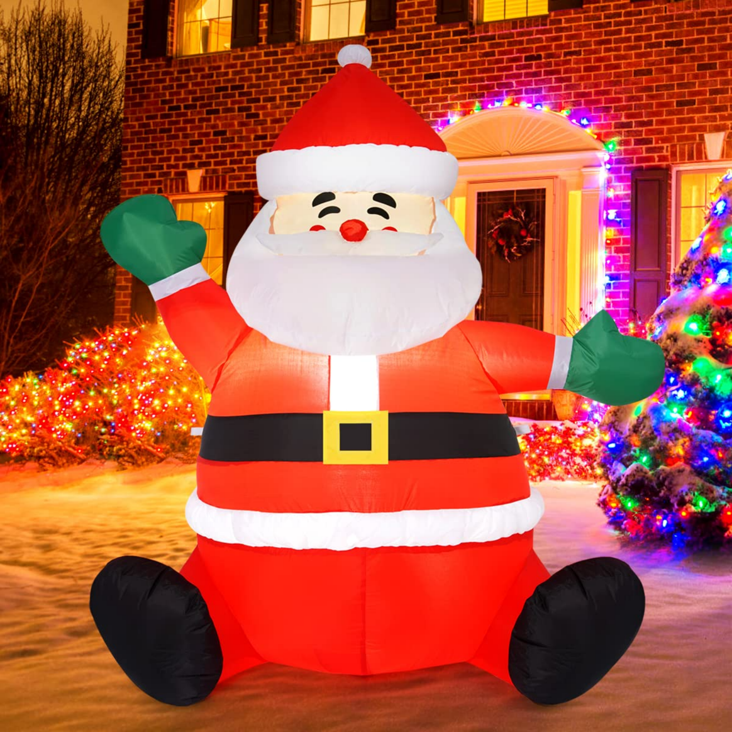 Cokeymove Christmas Inflatable 5 Feet Christmas Santa Claus LED Lights Air Decoration Statue Waving Hand And Holding Gift Box Waterproof Landscape Lights For Outdoor Indoor Use Yard Lawn Garden 