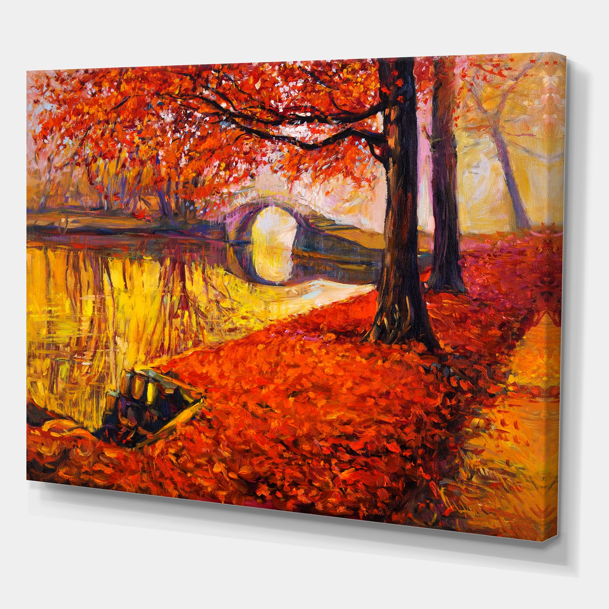 Designart ' Little Bridge In Deep Orange Autumn Landscape I ' Traditional Canvas Wall Art Print