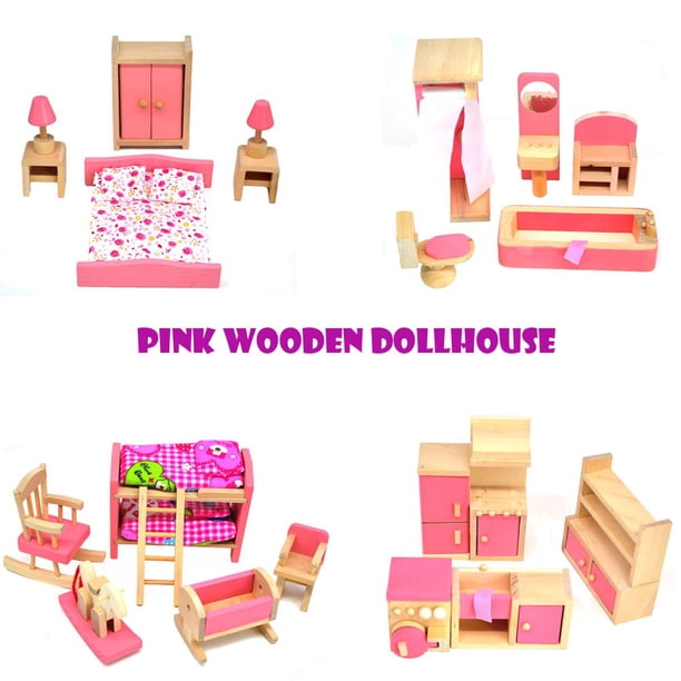 XWSHYW Juguetes para Niños Juego de Cocina de Muebles de Casa de Muñecas de Madera con Accesorios para Casa de Muñecas