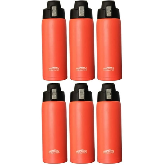 6-Pack (Bright Pop Orange) - Aquatix 21 Ounce Pure Stainless Steel Double Wall Insulated Sports Water Bottle Convenient Flip Top - Keeps Drinks Cold for 24 Hours, Hot for 6 Hours. Perfect for Gifts