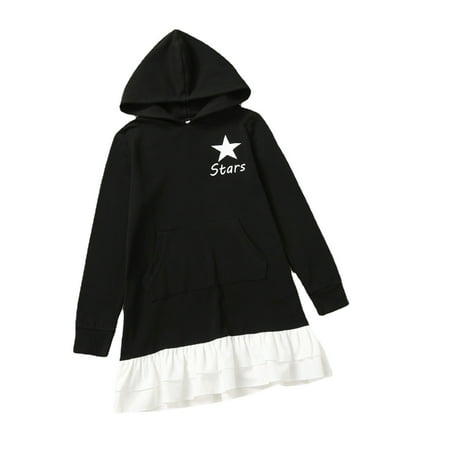 

Kids Girl Clothes Little Girl Dress Stars Print Long Sleeve Hooded Round Neckline Dress 6-7 Years Little Girl Casual Dress Black