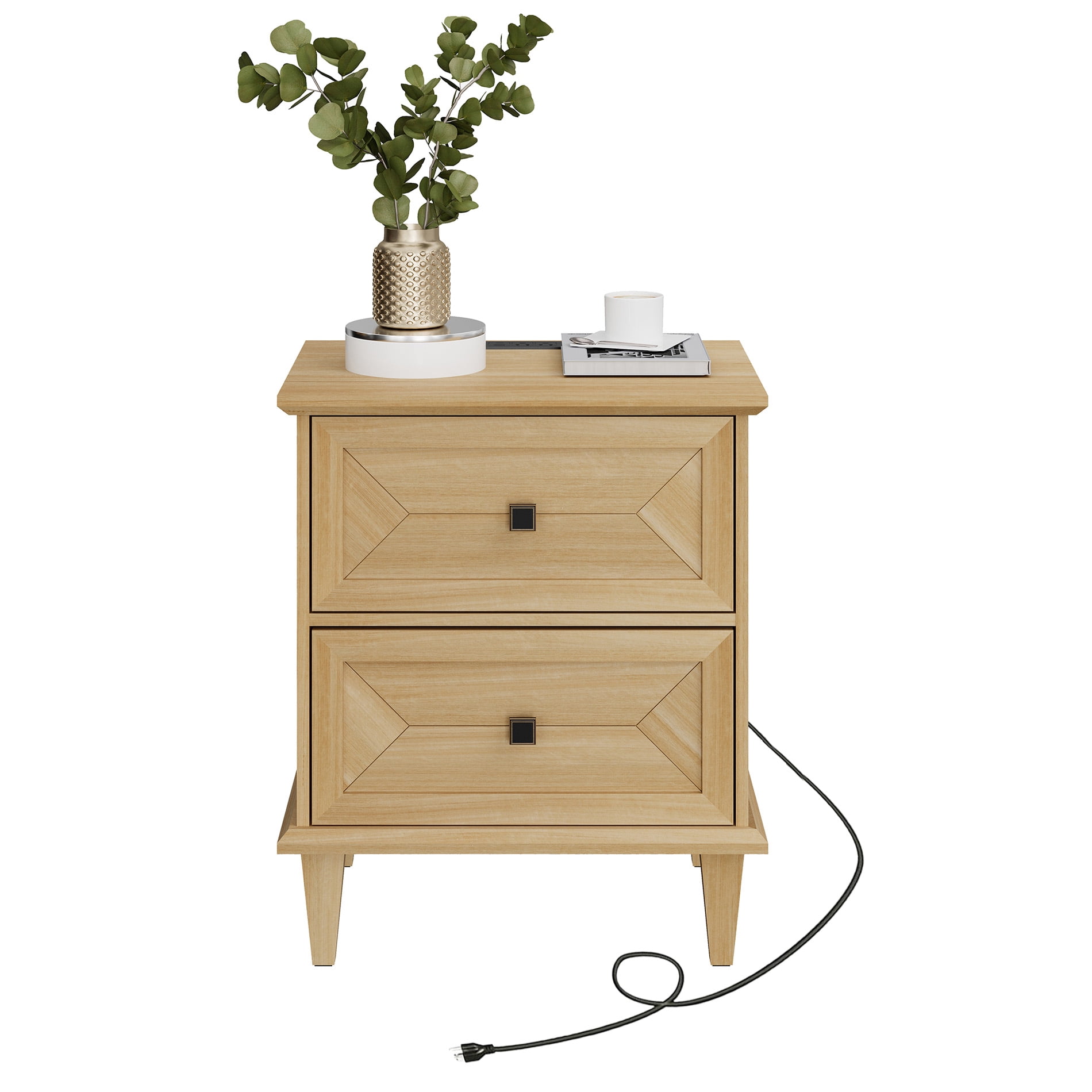 WAMPAT Nightstand with Charging Station, Farmhouse Wood Bedside Table with 2 Drawers & Solid Wood Legs, Rustic Side End Table for Bedroom Living Room, Natural Wood Finish