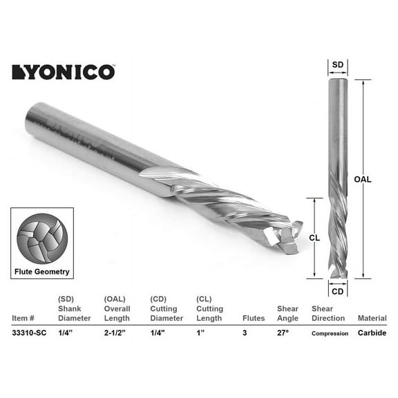 Yonico CNC Router Bit 3 Flute Compression Cut 1/4" X 1" X 1/4" X 2-1/2" 33310-SC