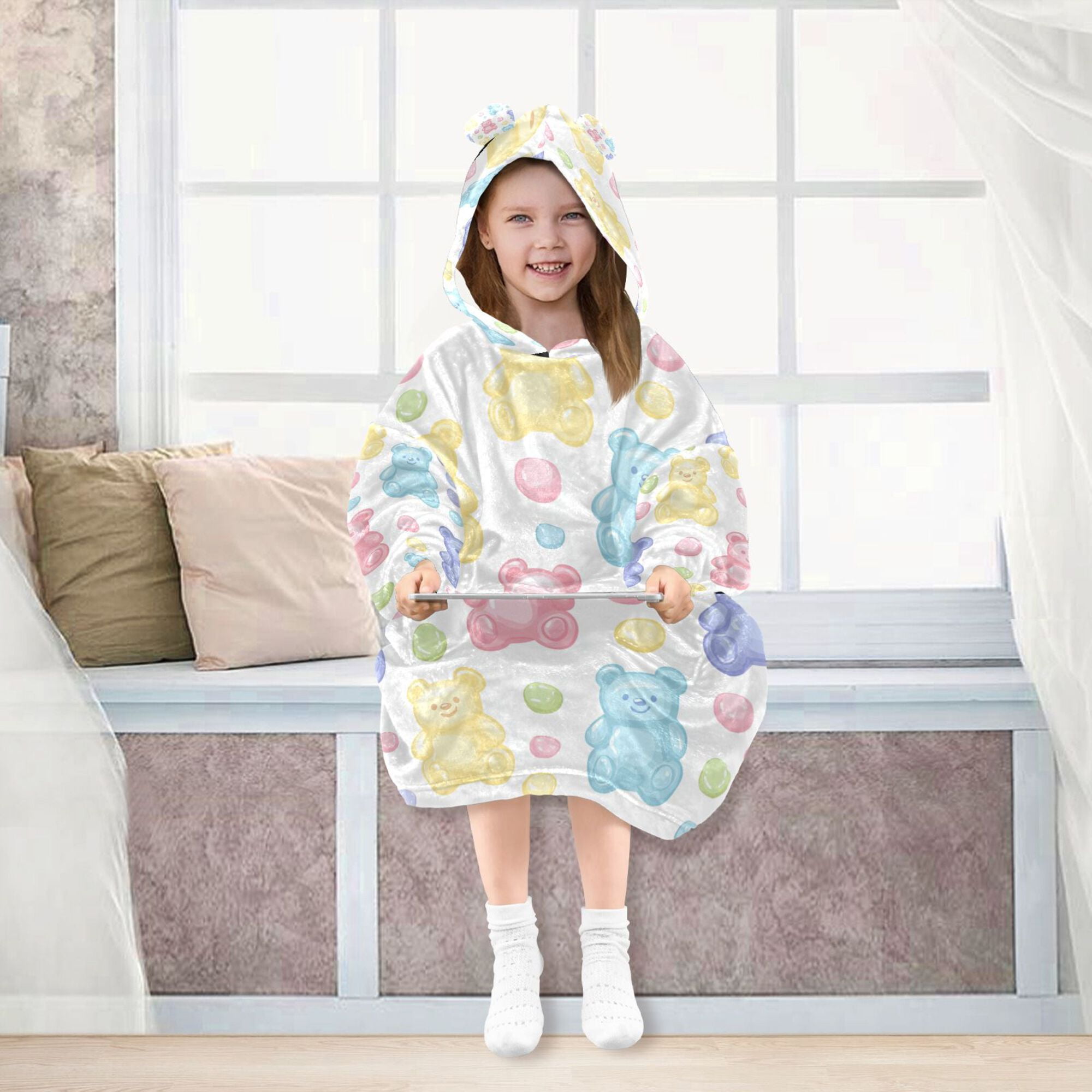 FORMRS Wearable Blanket Hoodie with Sleeves for Kids Cozy Flannel Sweatshirt, Colorful Gummy Bears Pattern