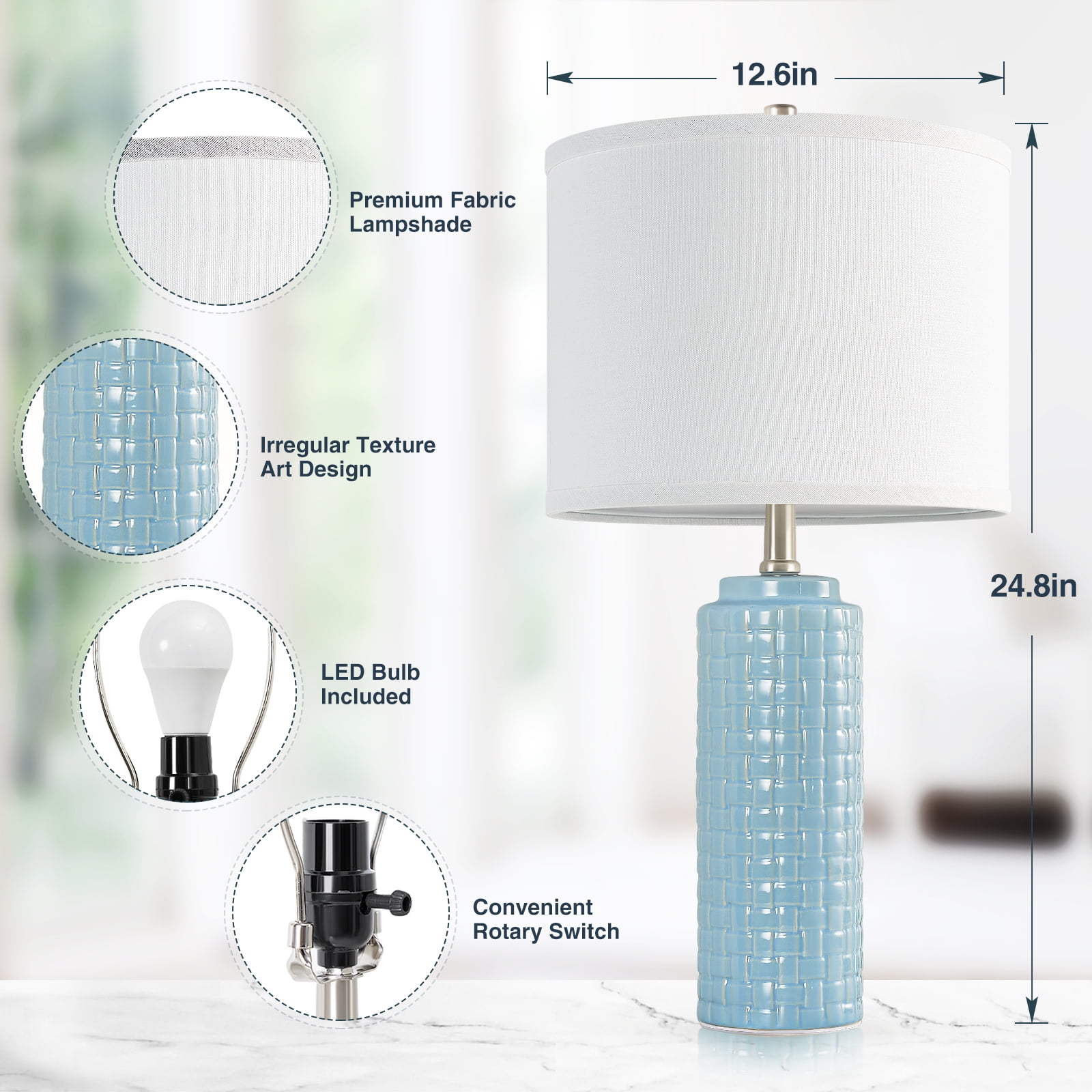 NATYSWAN 24.8" Modern Ceramic Bedside Lamp Set of 2, 3 Color Temperature Bulbs Included - Farmhouse Nightstand Lamps for Living Room Bedroom End Table Office Entryway, Cyan
