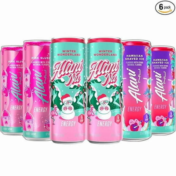 New Alani Energy Drinks Winter Wonderland, Hawaian Shaved Ice, Pink Slush Variety Pack Sugar-Free, Low-Calorie, Energy Boost Drink 12 fl oz (Pack of 6)