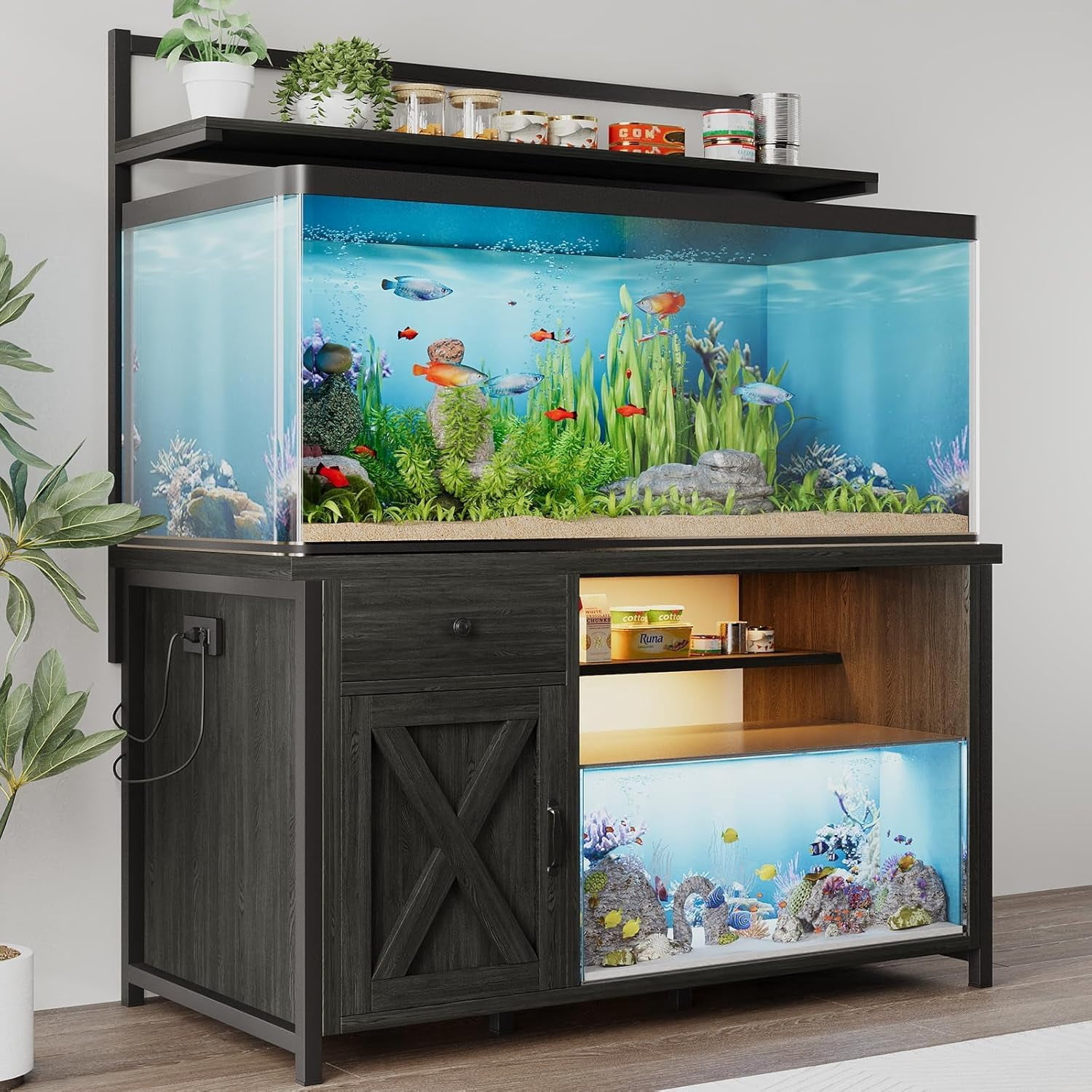 DreamCurship Fish Tank Stand with Power Outlet and Led Light, Cabinet for 55-75 Gallon Aquarium, RGB Lighting Strip Ideal for Turtle Enclosure, Supports up to 1100 Pounds, Gray