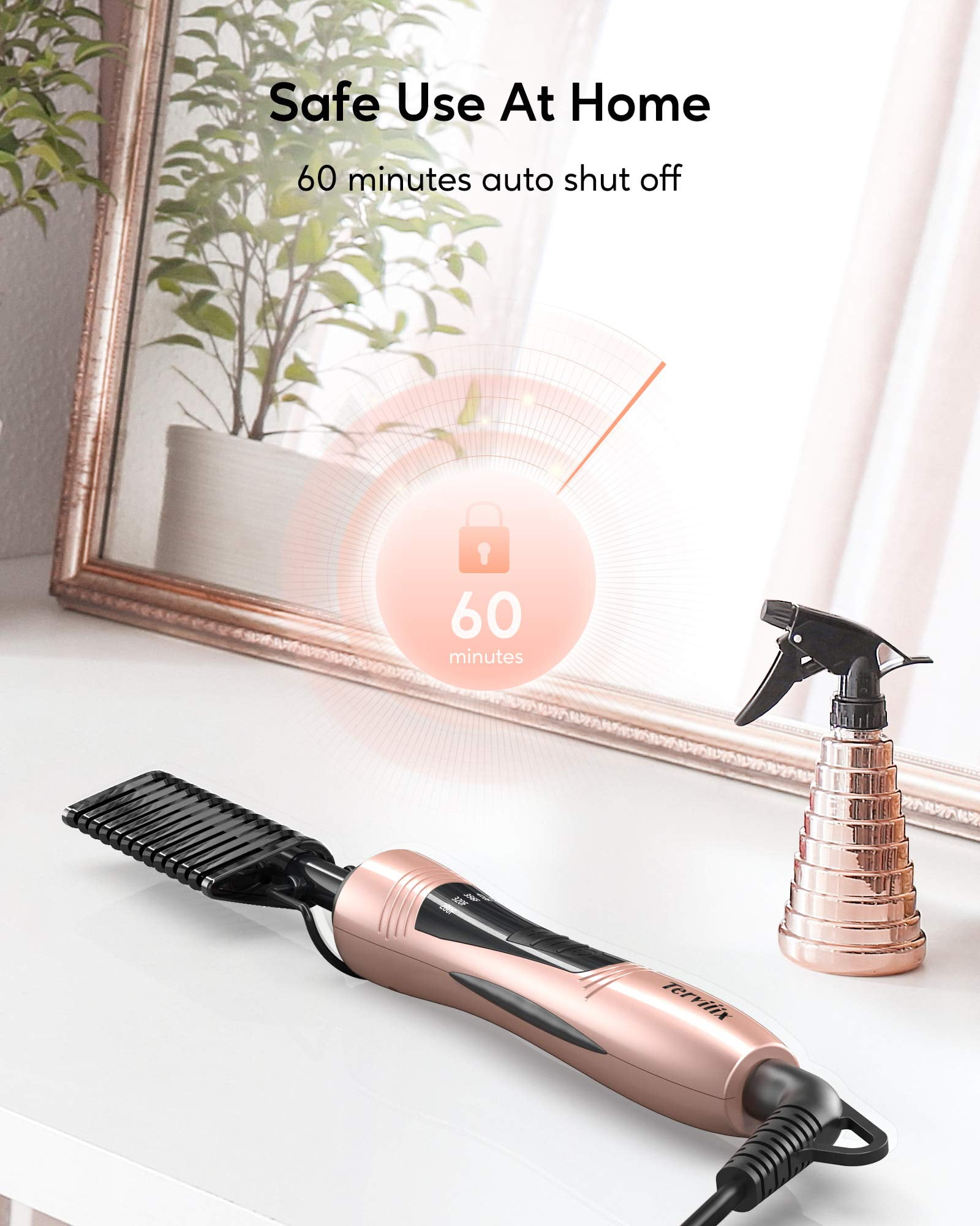 Terviiix Electric Hot Comb, Pressing Combs for Black Hair, Anti-Scald Straightening, Rose Gold