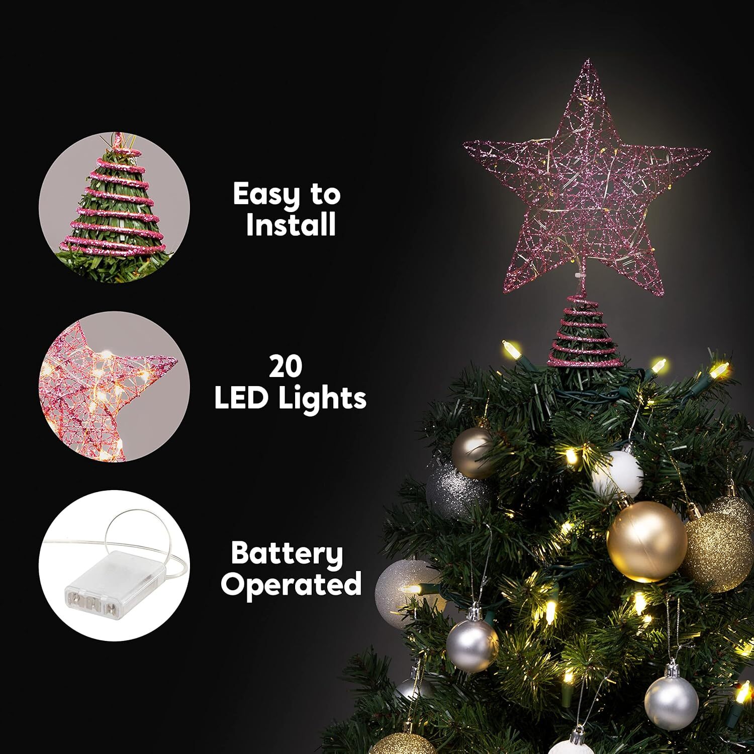 Gogcaro Pink Glitter Christmas Tree Topper with 20 LED Lights photo 2