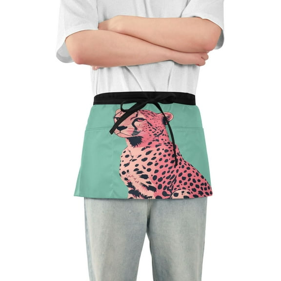 Yayeee Waist Apron with Pockets for Cooking Waterproof Half Server Aprons, Big Pink Cheetah