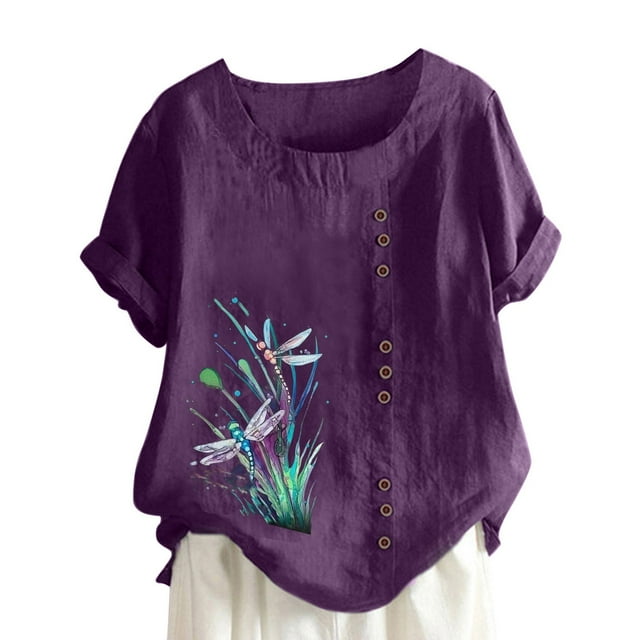 Women's Button Blouse Shirts Short Sleeve Print T-Shirts