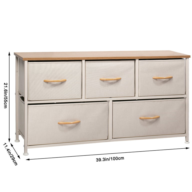 Wide Drawer Dresser Storage Organizer - CERBIOR 5-Drawer Closet Shelves,  Sturdy Steel Frame Wood Top with Easy Pull Fabric Bins for Clothing