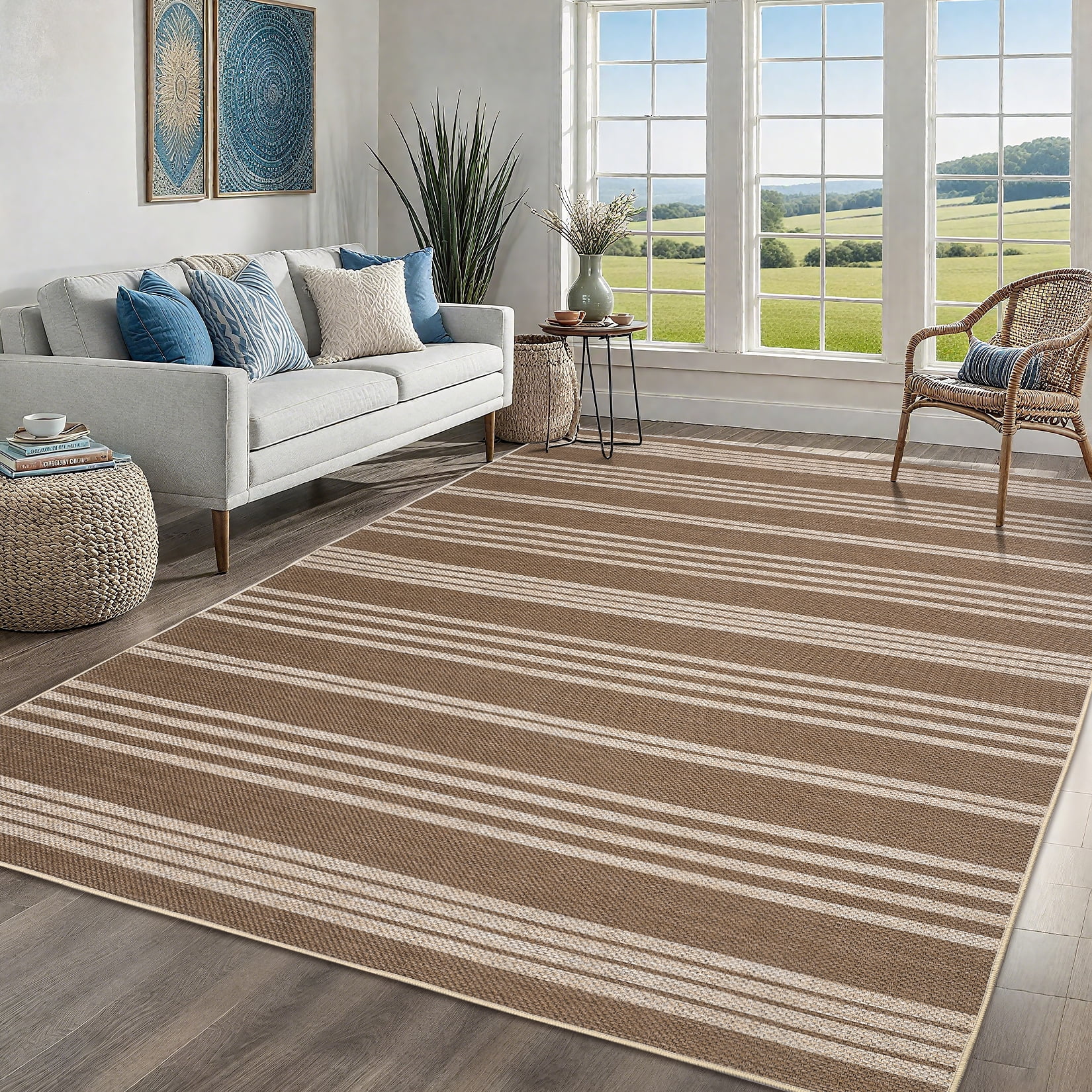 Garvee 5'x7' Modern Striped Area Rugs Easy Jute Rug with Non-Slip Backing, Washable Rug Neutral Print Indoor Outdoor Carpet for Bedroom Living Room Patio, White Coffee