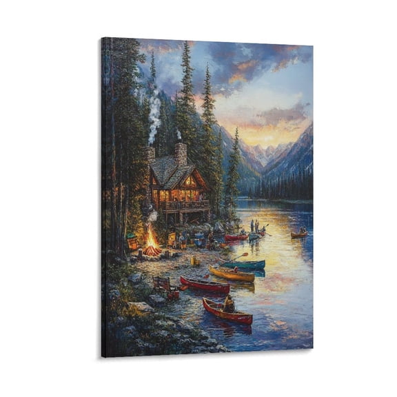 Canvas Prints Beautiful Lakehouse in The Mountains with Colorful Canoes Artwork Print Painting Nature Fishing Landscape Canvas Wall Art for Bedroom 8x12inch for Office Bedroom Canvas Wall Art Framed