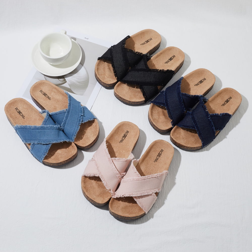 Roxoni Women’s Cross Strap Slide Sandals Denim Open Toe Comfort Slippers Cork Footbed Casual Summer Indoor Outdoor Footwear