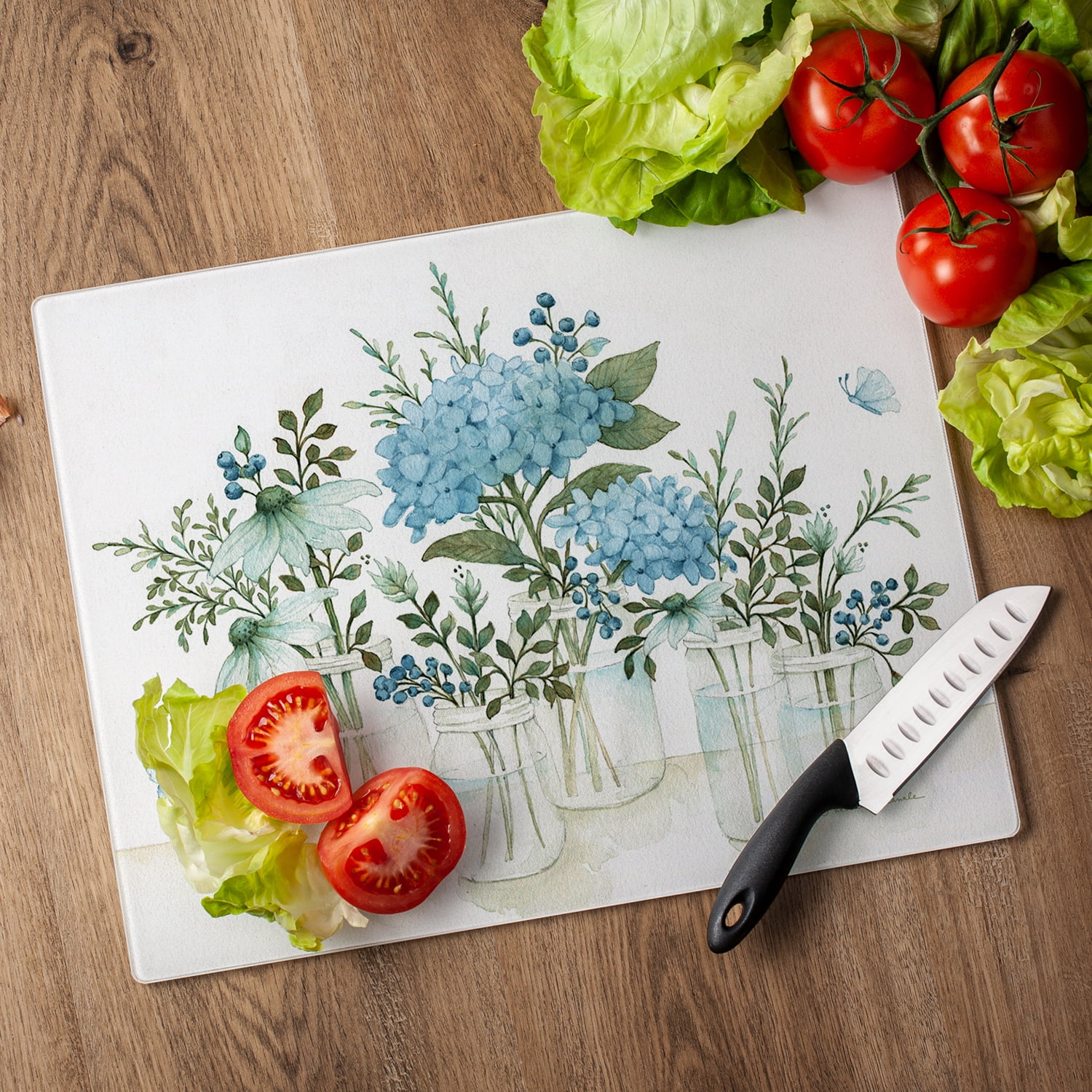 CounterArt Mason Jar Floral 3mm Tempered Glass Cutting Board 15" by 12"